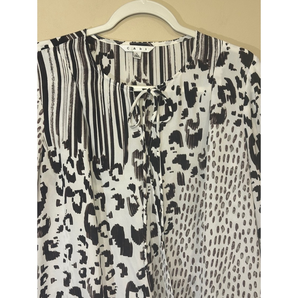 Cabi Womens Size Large Leopard Print Mixed Media Tie Neck Long Sleeve Blouse Top - Picture 3 of 6